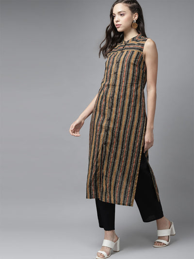 Odette Women Black Printed Straight Stitched Kurta