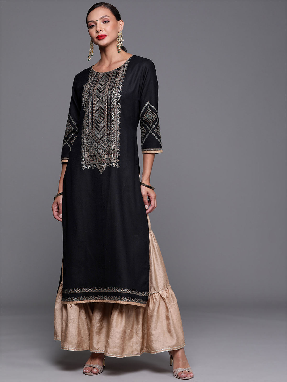 Odette Women Black Printed Straight Cotton Stitched Kurta