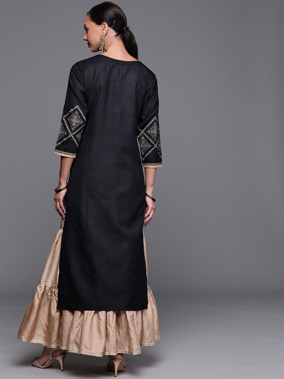 Odette Women Black Printed Straight Cotton Stitched Kurta