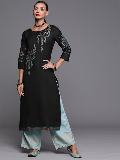 Odette Women Black Printed Straight Cotton Stitched Kurta