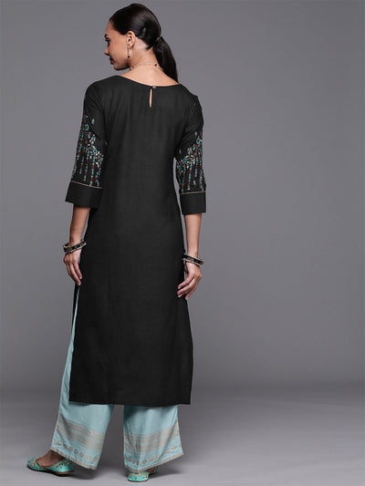 Odette Women Black Printed Straight Cotton Stitched Kurta