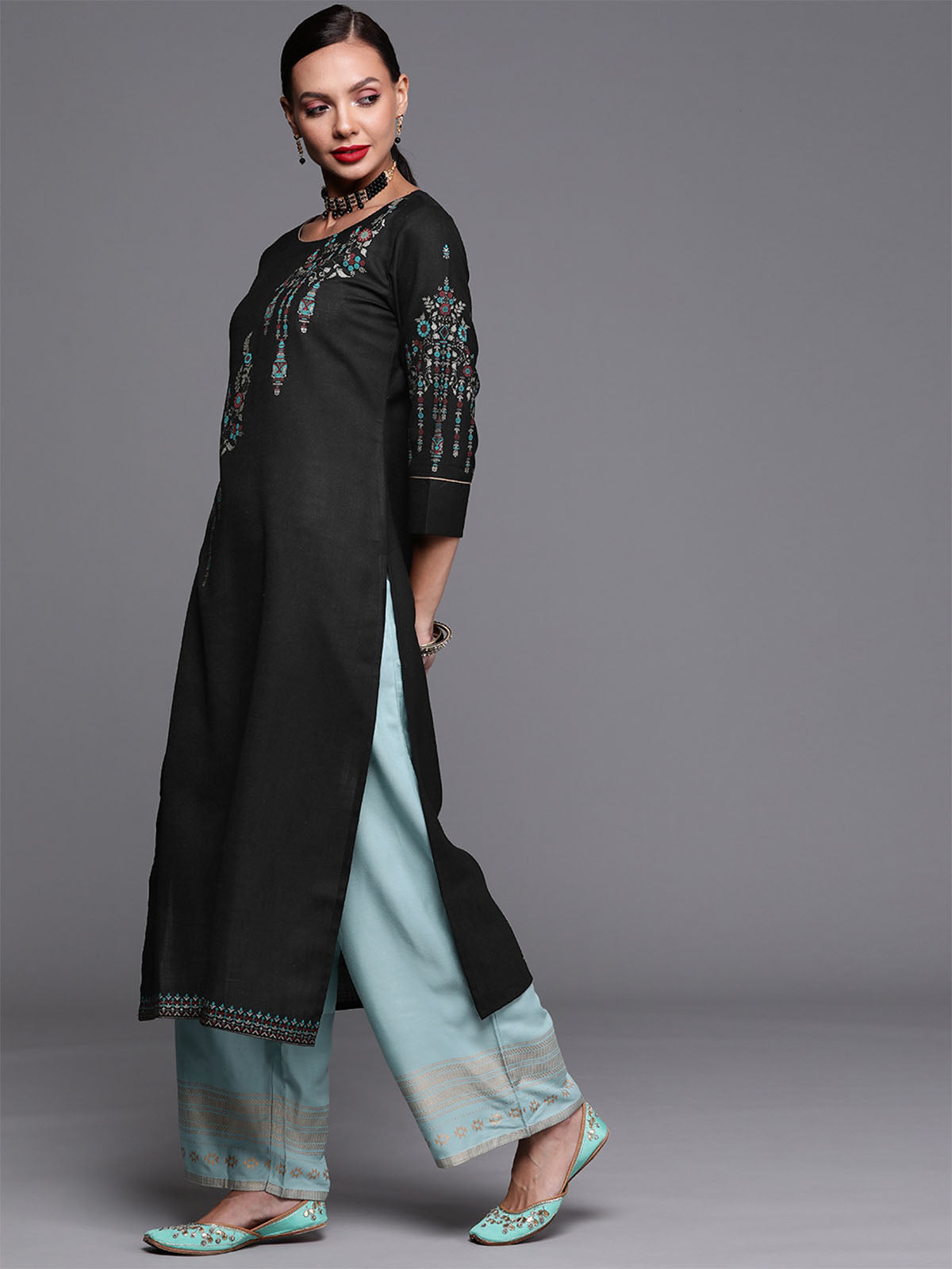 Odette Women Black Printed Straight Cotton Stitched Kurta