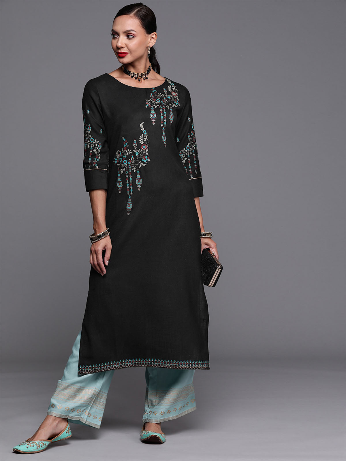 Odette Women Black Printed Straight Cotton Stitched Kurta