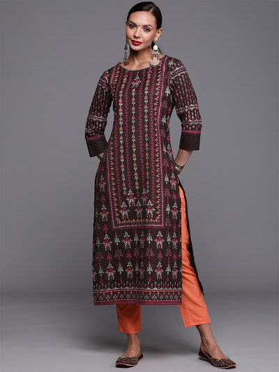 Odette Women Brown Straight Printed Stitched Kurta