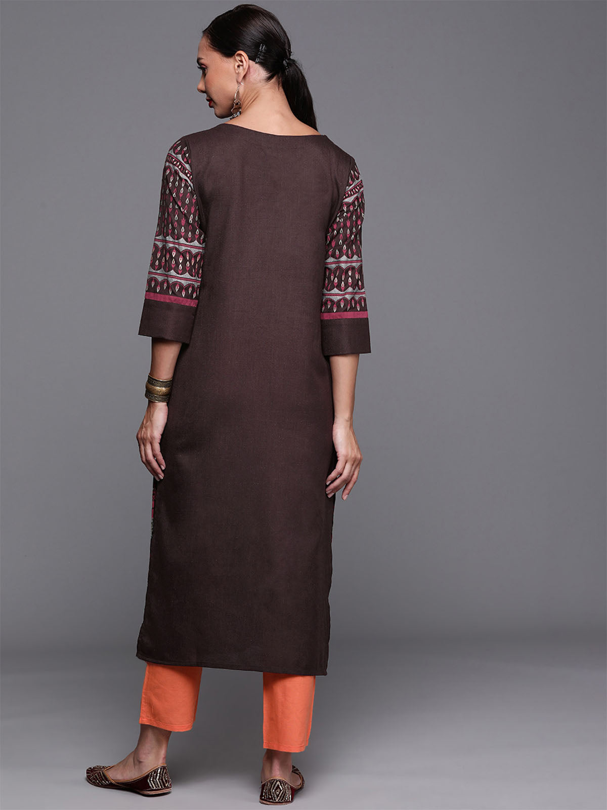 Odette Women Brown Straight Printed Stitched Kurta