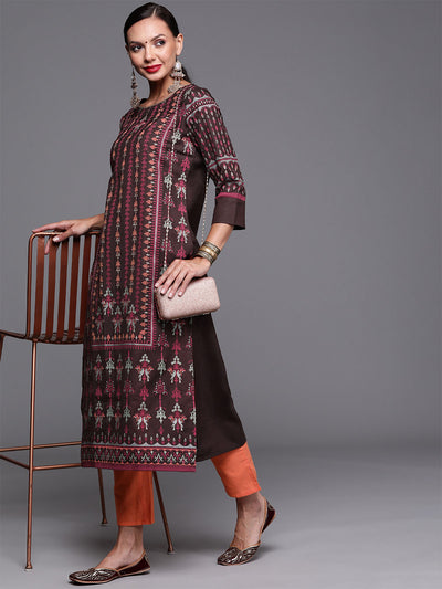 Odette Women Brown Straight Printed Stitched Kurta