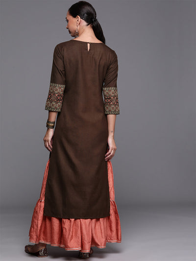 Odette Women Brown All-Over Printed Straight Stitched Kurta