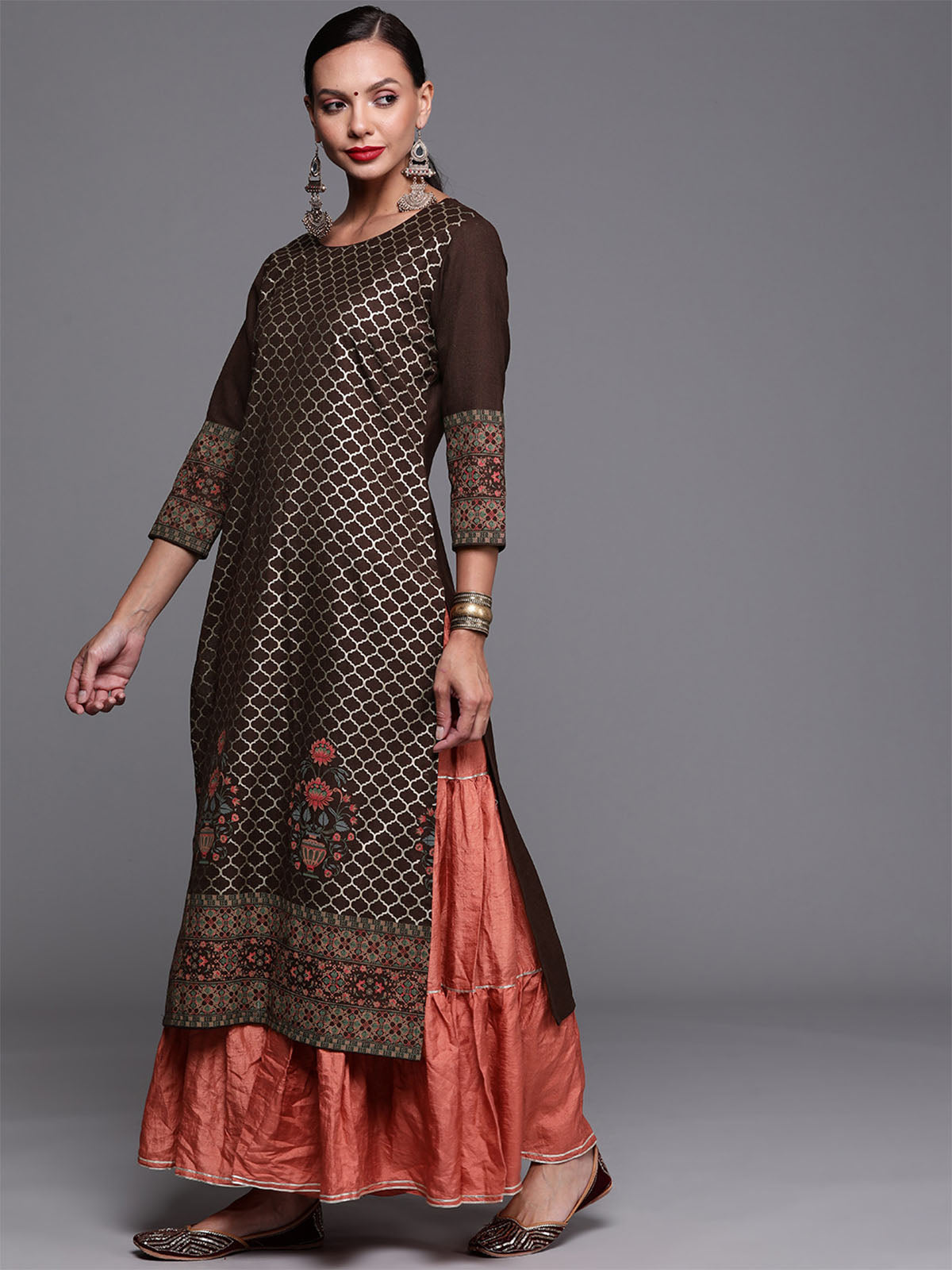 Odette Women Brown All-Over Printed Straight Stitched Kurta