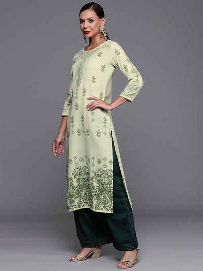 Odette Women Green Printed Straight Stitched Kurta