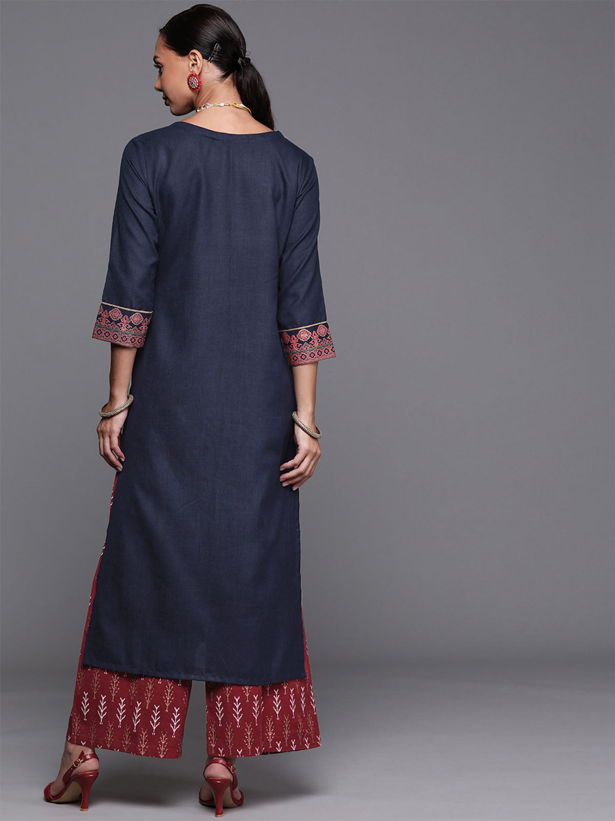 Odette Women Dark Blue Straight Cotton Stitched Kurta