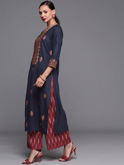 Odette Women Dark Blue Straight Cotton Stitched Kurta