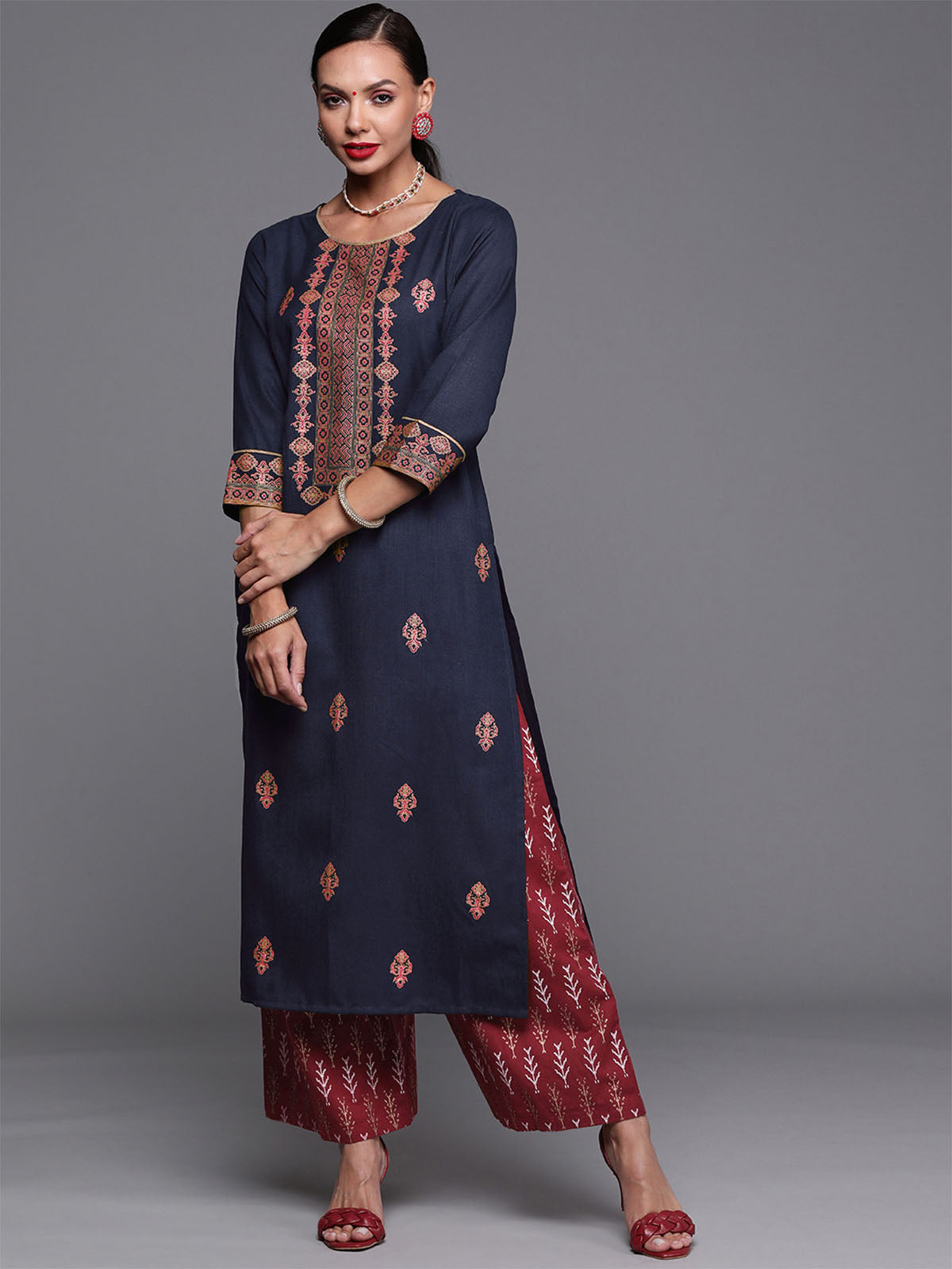 Odette Women Dark Blue Straight Cotton Stitched Kurta