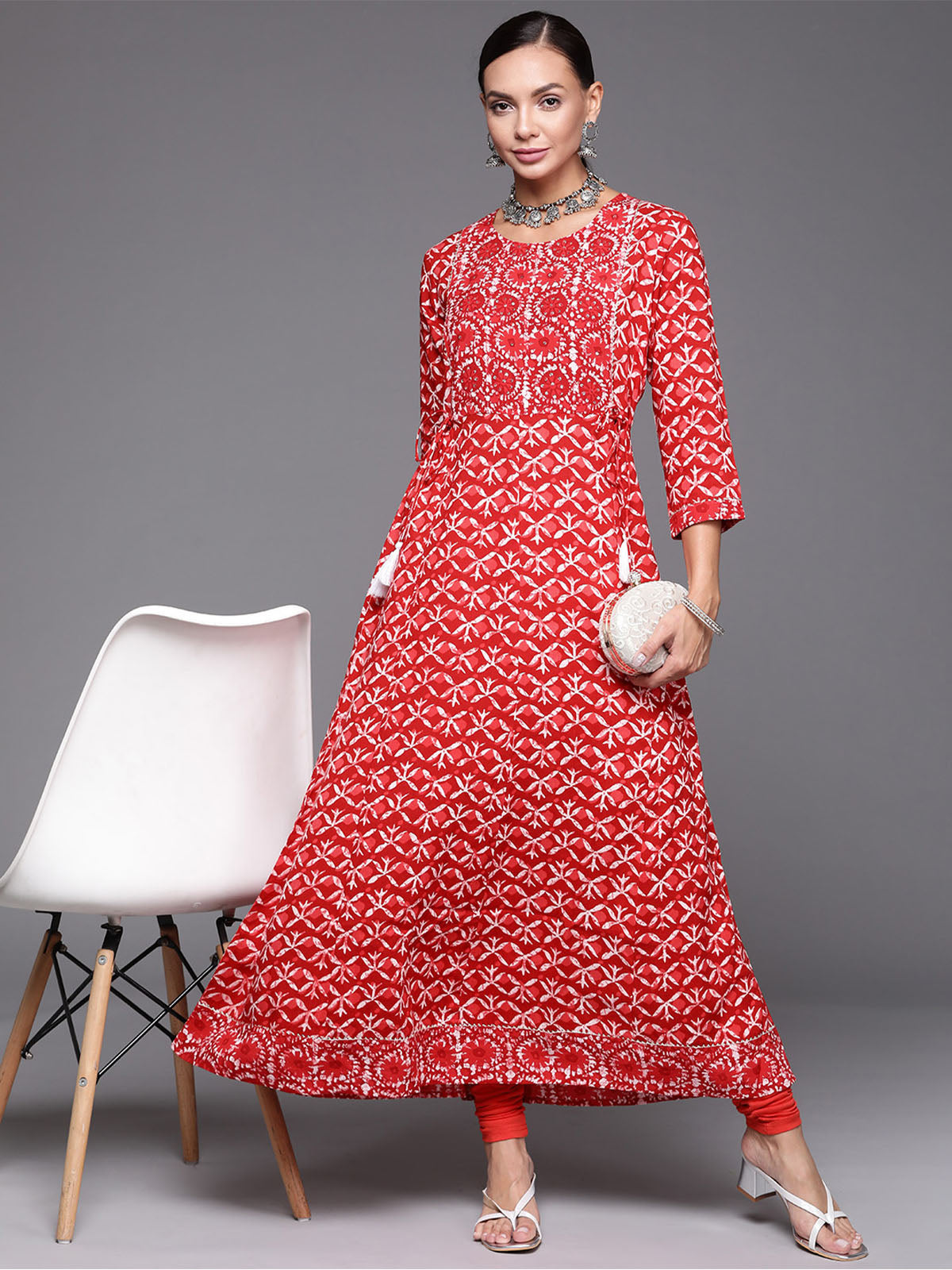 Odette Women Red Printed Flared Rayon Stitched Kurta