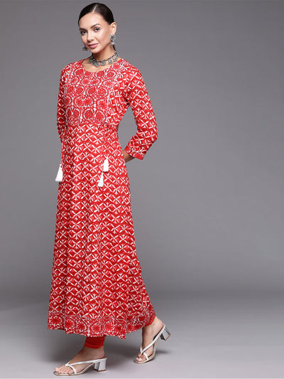 Odette Women Red Printed Flared Rayon Stitched Kurta