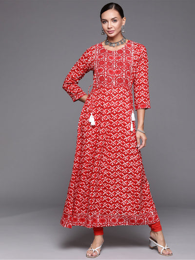 Odette Women Red Printed Flared Rayon Stitched Kurta