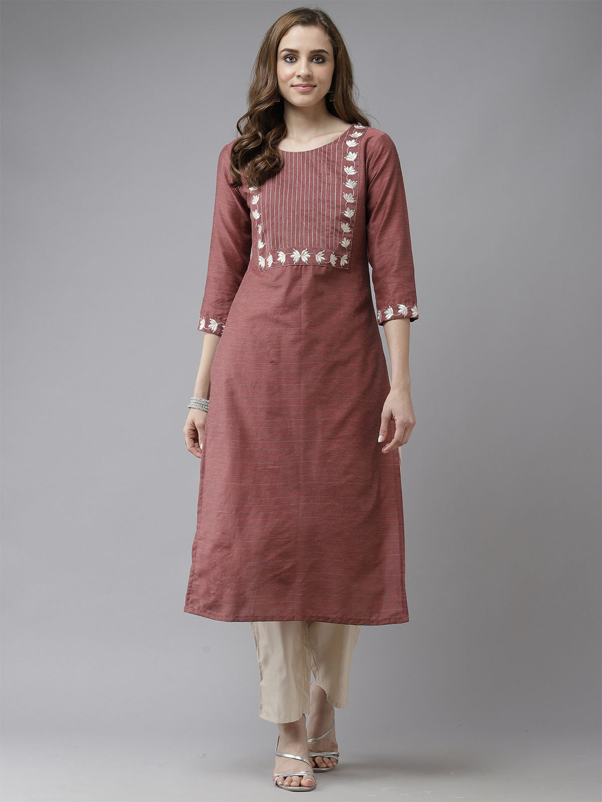 Odette Women Brown Straight Embroidered Stitched Kurta