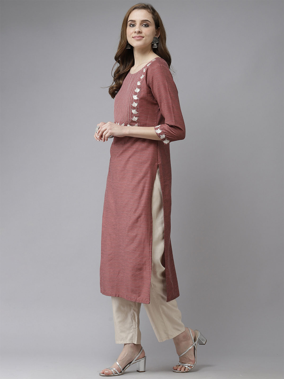 Odette Women Brown Straight Embroidered Stitched Kurta