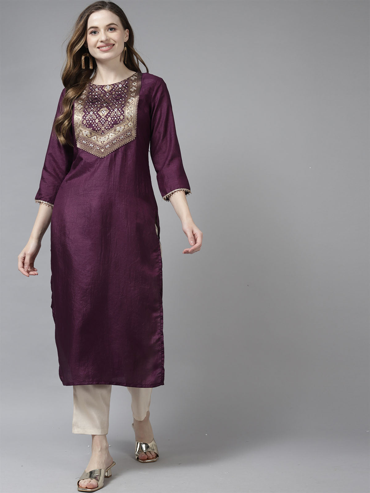 Odette Women Magenta Straight Woven Stitched Kurta