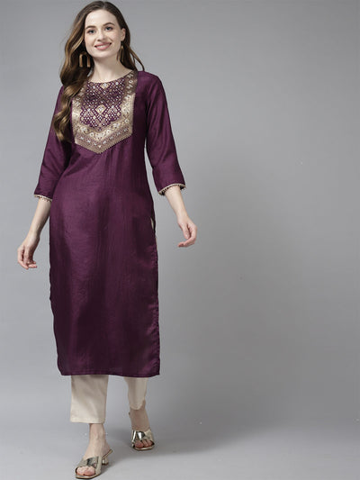 Odette Women Magenta Straight Woven Stitched Kurta