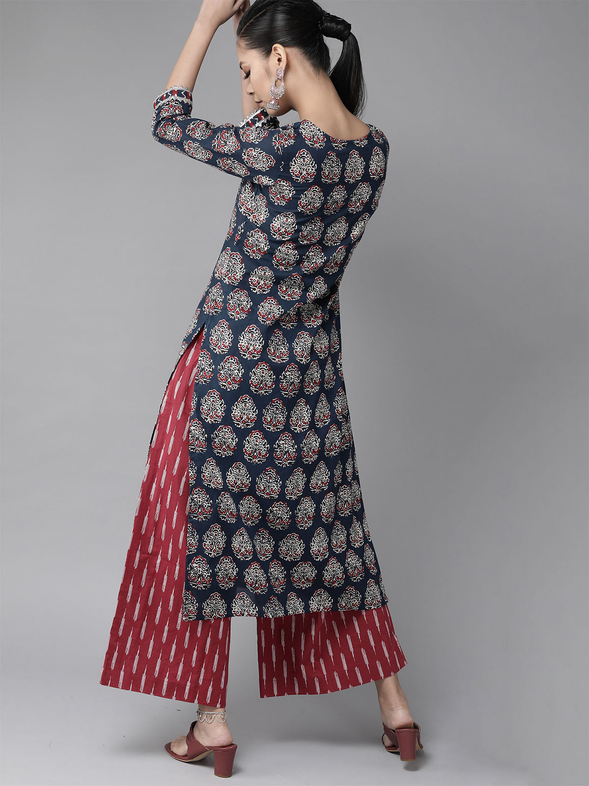 Odette Women Blue Printed Pathani Cotton Stitched Kurta