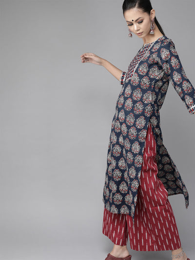 Odette Women Blue Printed Pathani Cotton Stitched Kurta