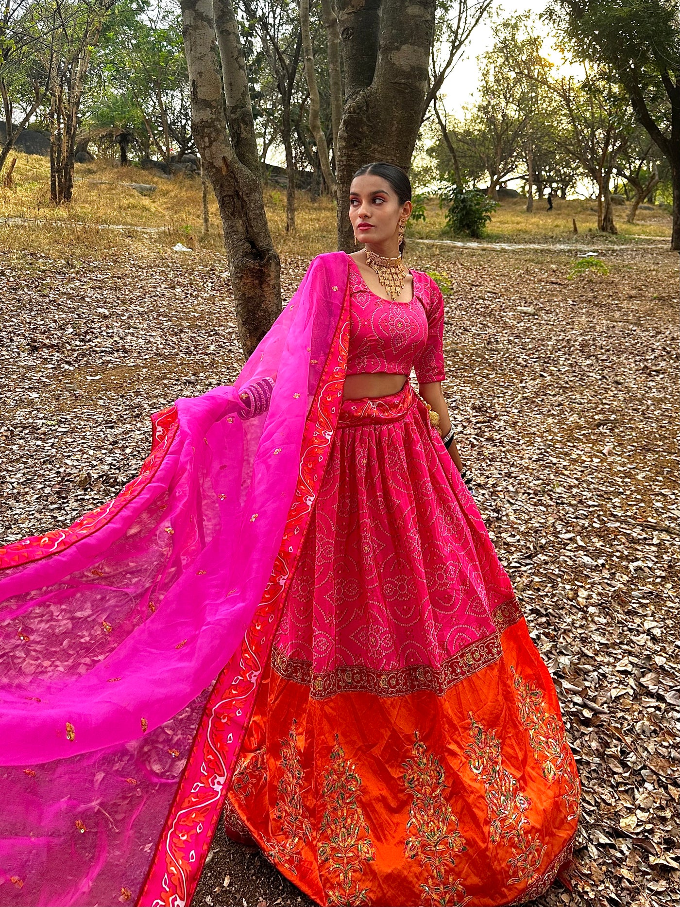 Pink Silk Blend Semi Stitched Lehenga With  Unstitched Blouse