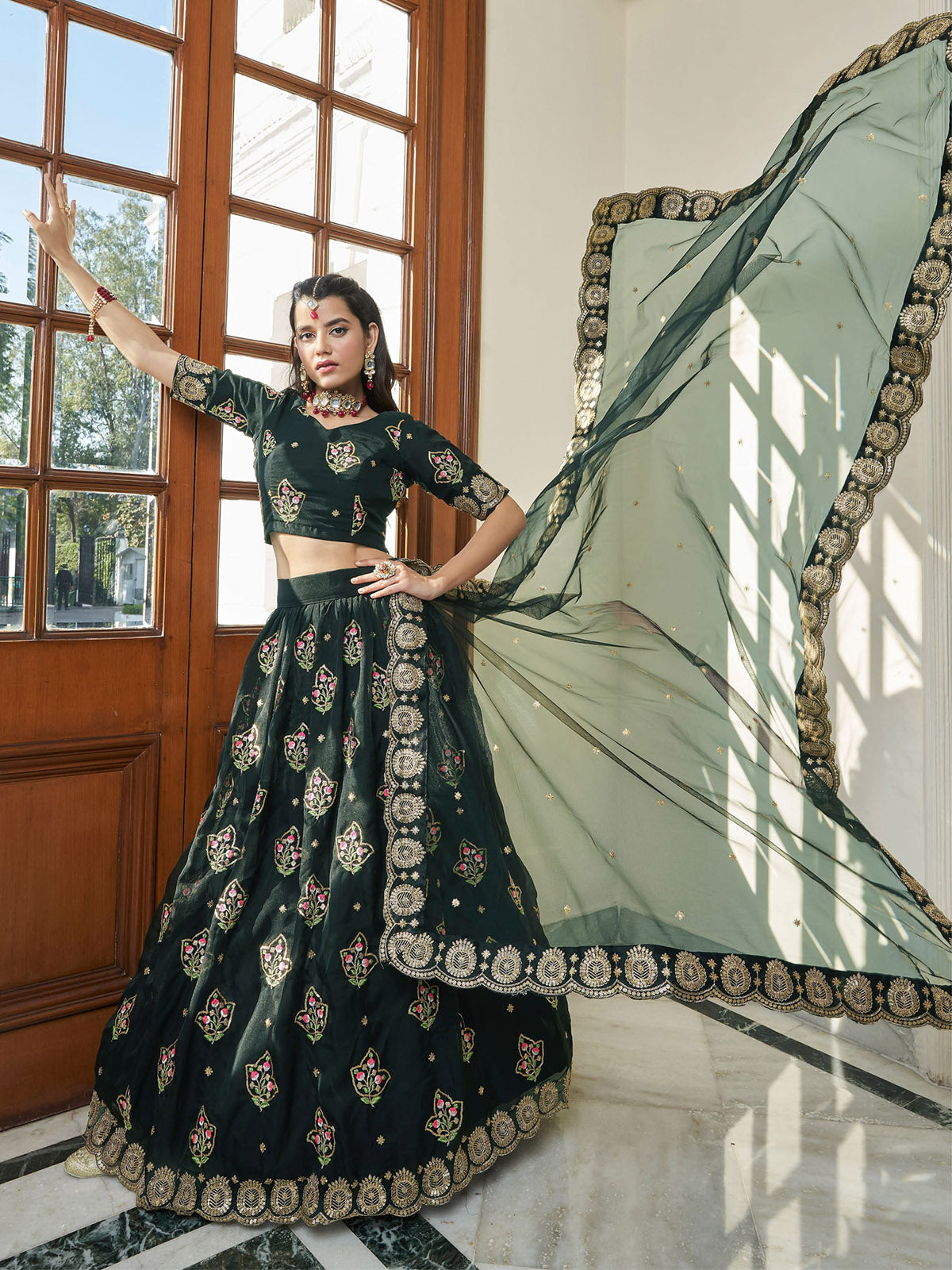 Odette Women Heavy Designer Dark Green Organza Semi Stitched Lehenga With Unstitched Blouse