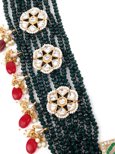 Odette Women Emerald Green With Ruby Beads Kundan Necklace