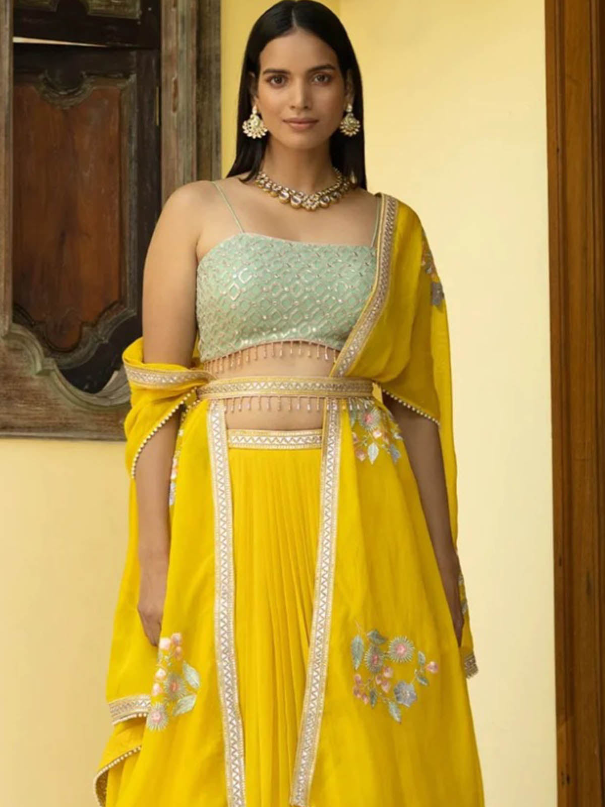 Odette Women Yellow Georgette Semi Stitched Lehenga With  Unstitched Blouse