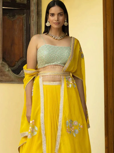 Odette Women Yellow Georgette Semi Stitched Lehenga With  Unstitched Blouse