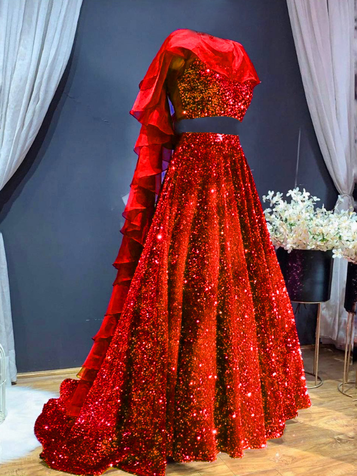 Soft Net Sequins Work Lehenga Choli In Red Colour - LD4900251