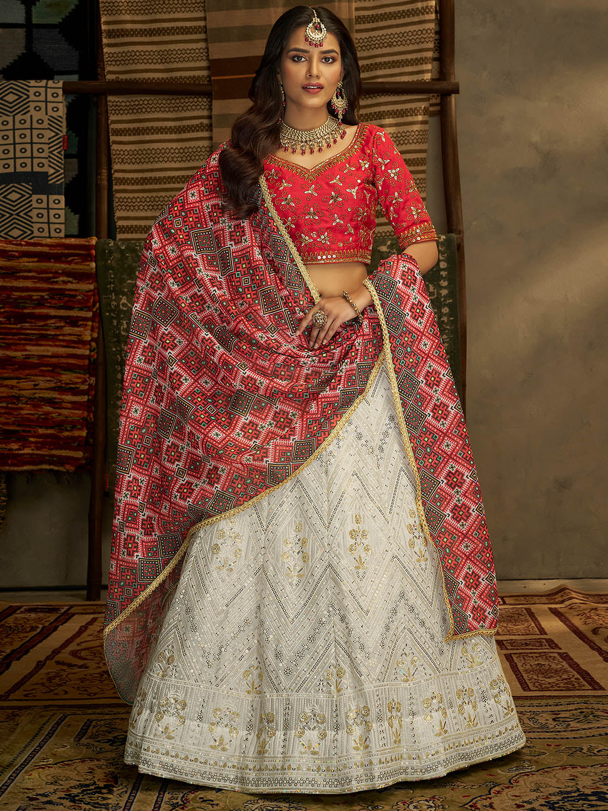 Odette Women White And Red Semi Stitched Lehenga With  Unstitched Blouse