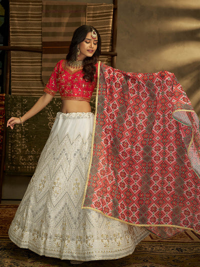 Odette Women White And Red Semi Stitched Lehenga With  Unstitched Blouse