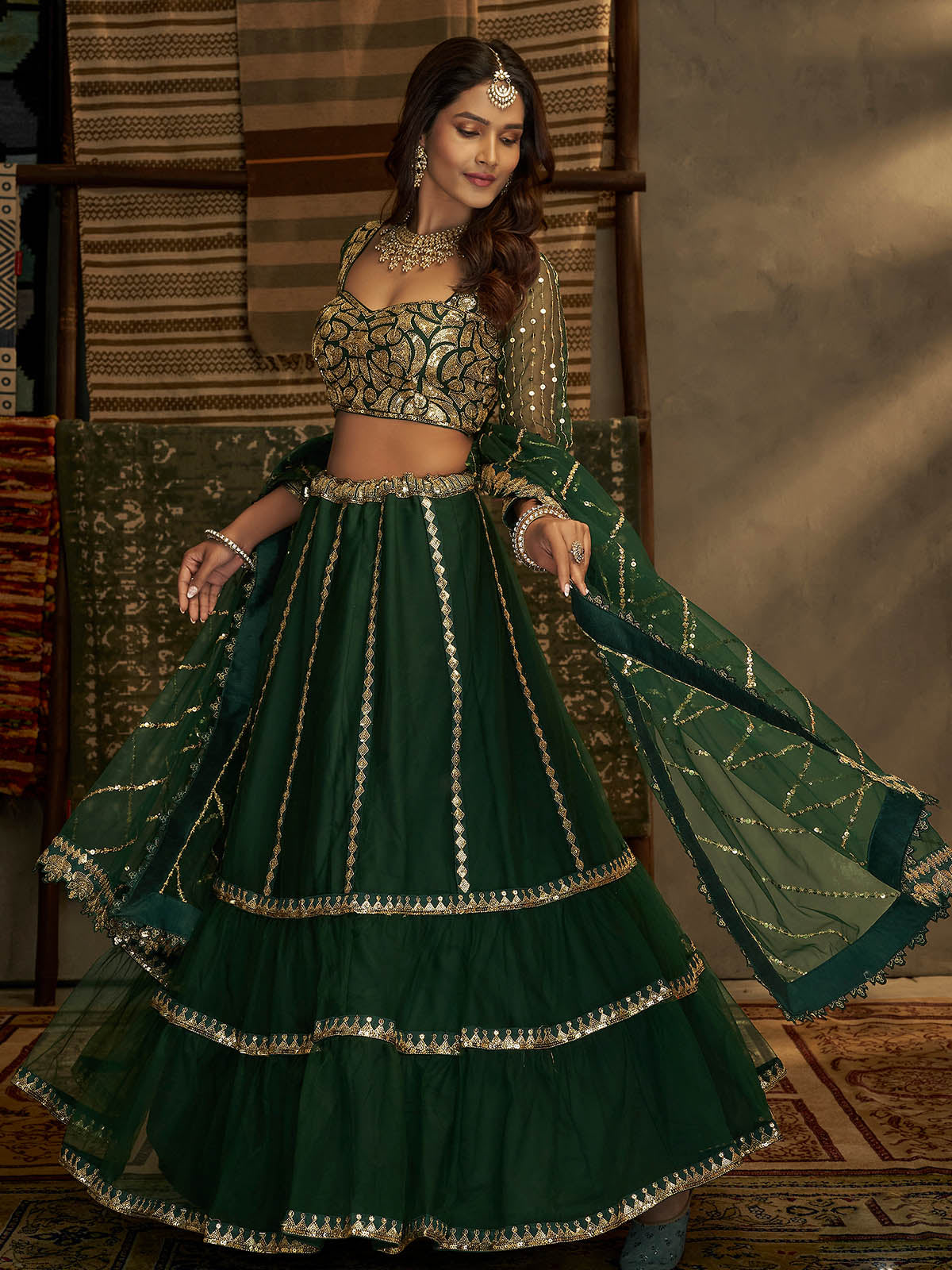 Odette Women Gorgeous Dark Green And Gold Semi Stitched Lehenga With  Unstitched Blouse