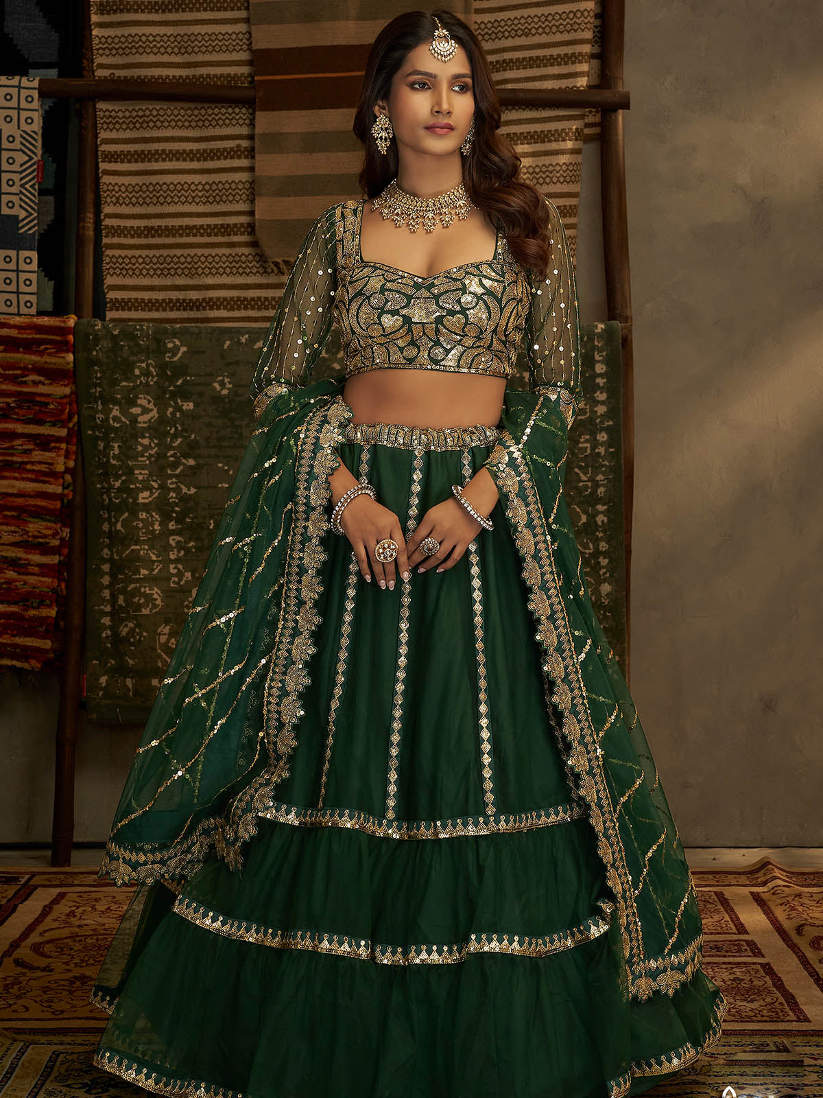 Bottle Green & Gold Mirror Embroidered Lehenga Set Design by Seema Gujral  at Pernia's Pop Up Shop 2023