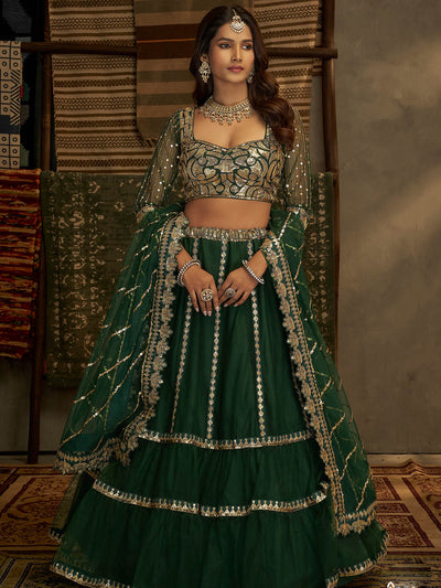 Odette Women Gorgeous Dark Green And Gold Semi Stitched Lehenga With  Unstitched Blouse