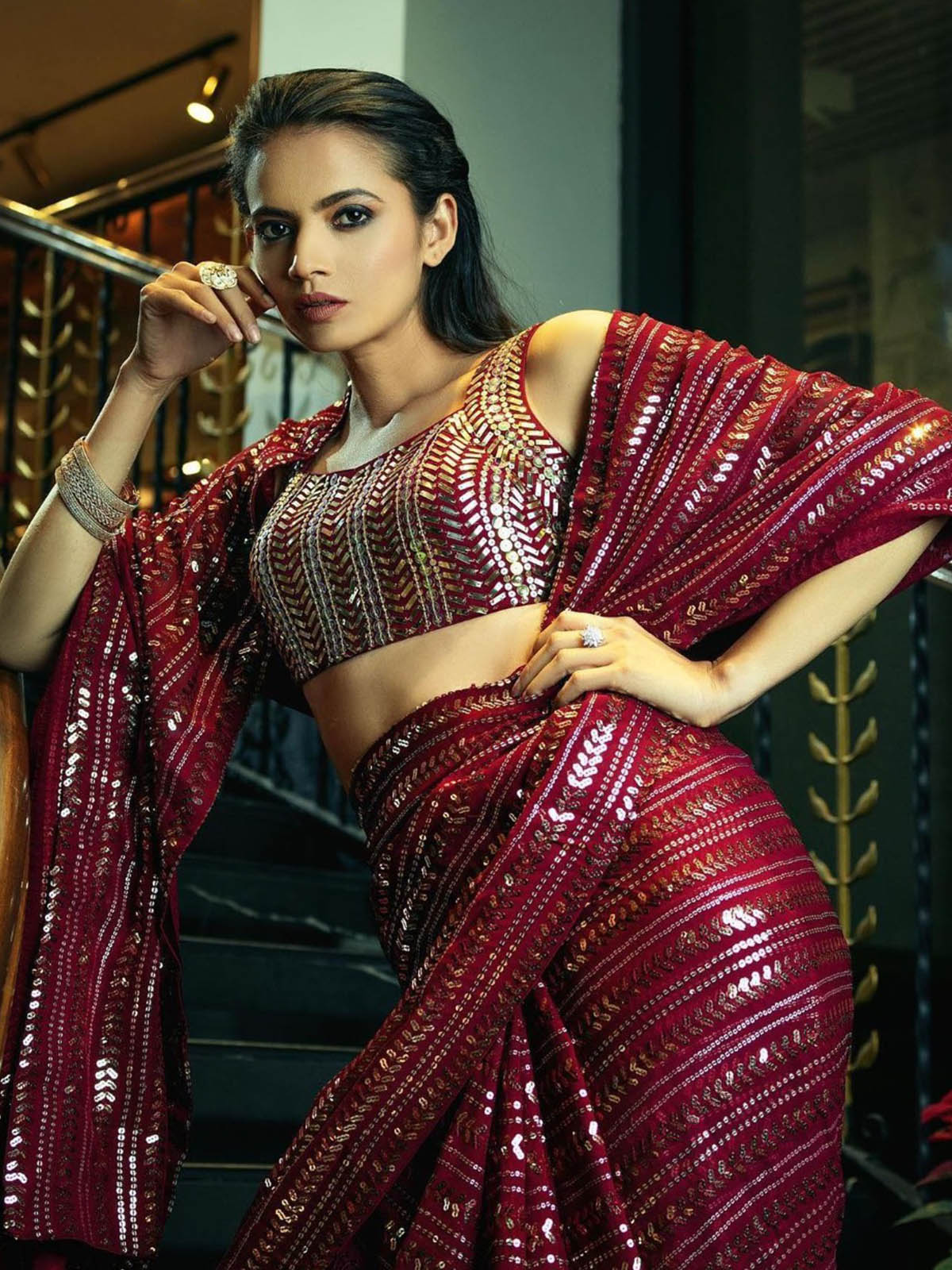 Red Designer Sequin Saree With Unstitched Blouse