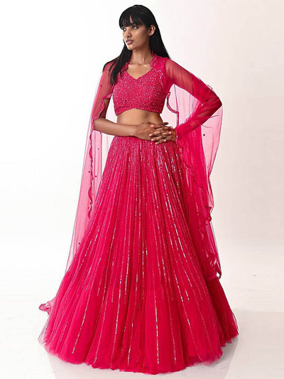 Odette Women Pink Net Designer Sequence Semi Stitched Lehenga With Unstitched Blouse