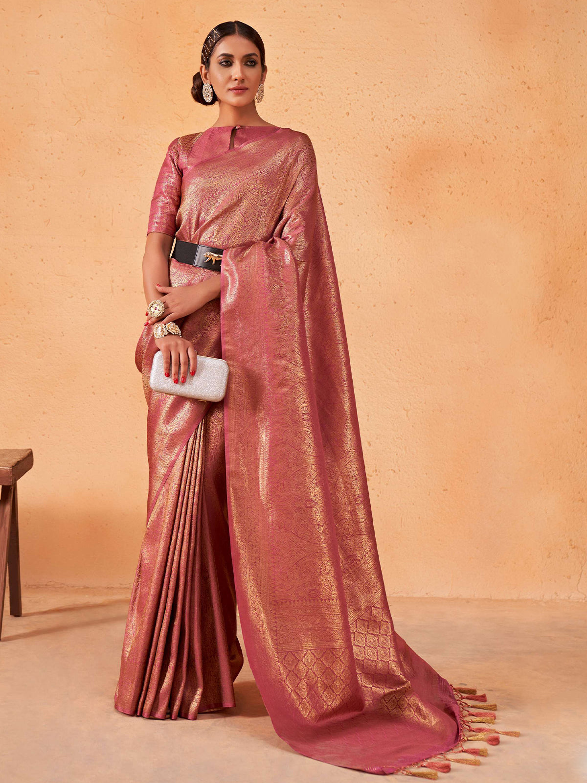 Pink  Kanjivaram Silk Saree With Unstitched Blouse