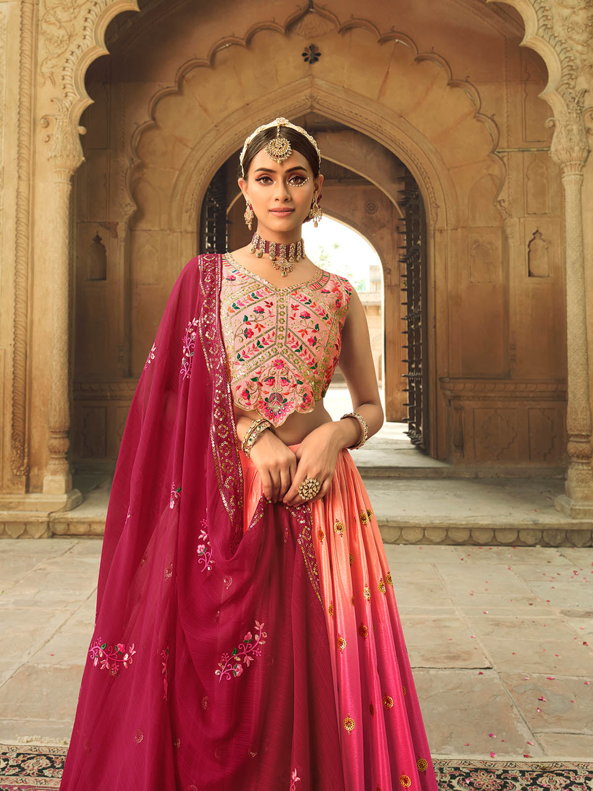 Gorgeous Pink And Peach Semi Stitched Lehenga With  Unstitched Blouse