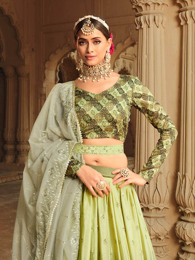 Odette Women Gorgeous Green Shaded Semi Stitched Lehenga With  Unstitched Blouse