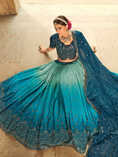 Odette Women Blue Shaded Semi Stitched Lehenga With  Unstitched Blouse
