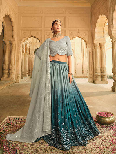 Odette Women Grey And Blue Shaded Semi Stitched Lehenga With  Unstitched Blouse