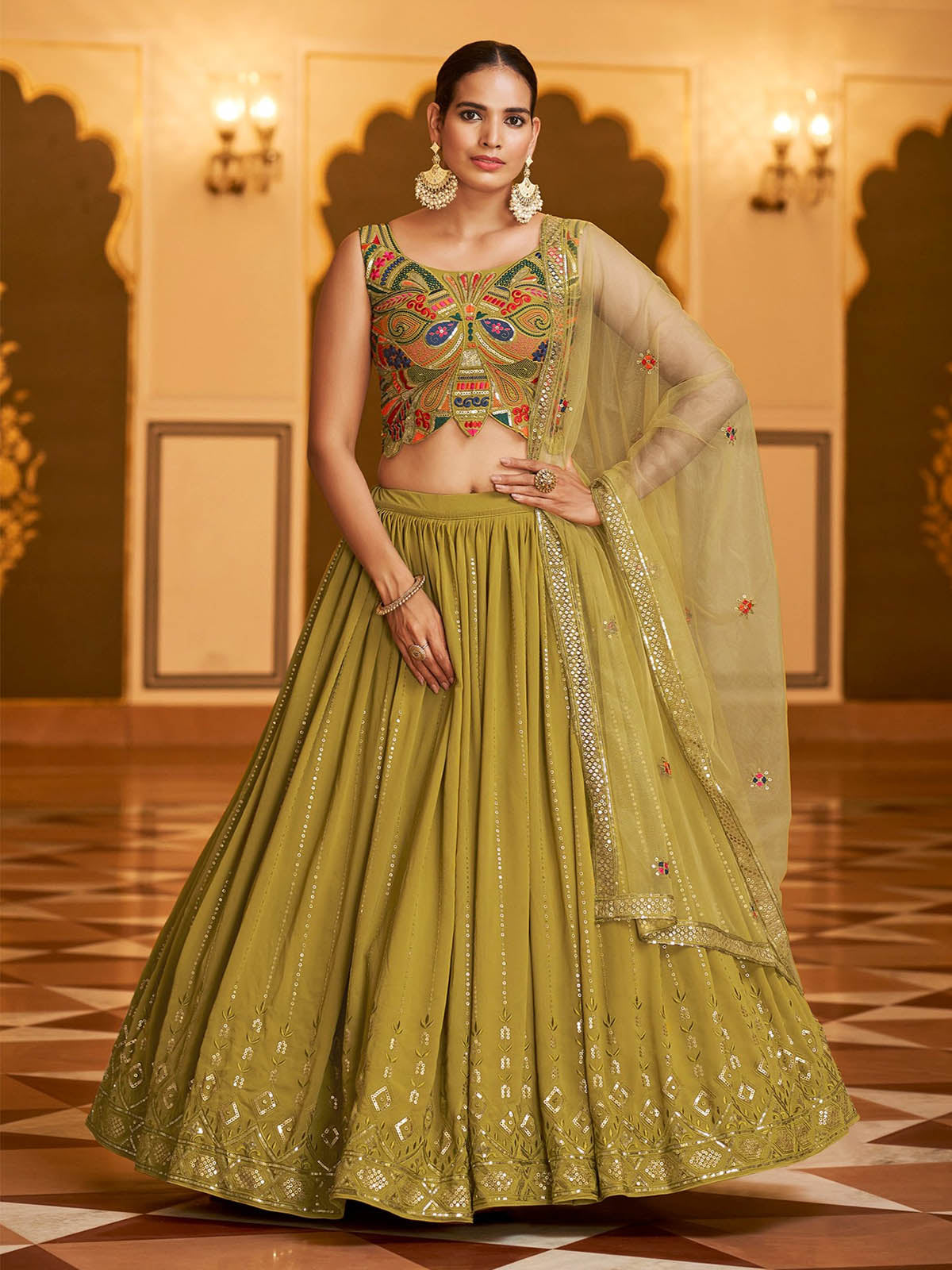 Odette Women Gorgeous Olive Green Semi Stitched Lehenga With Unstitched Blouse