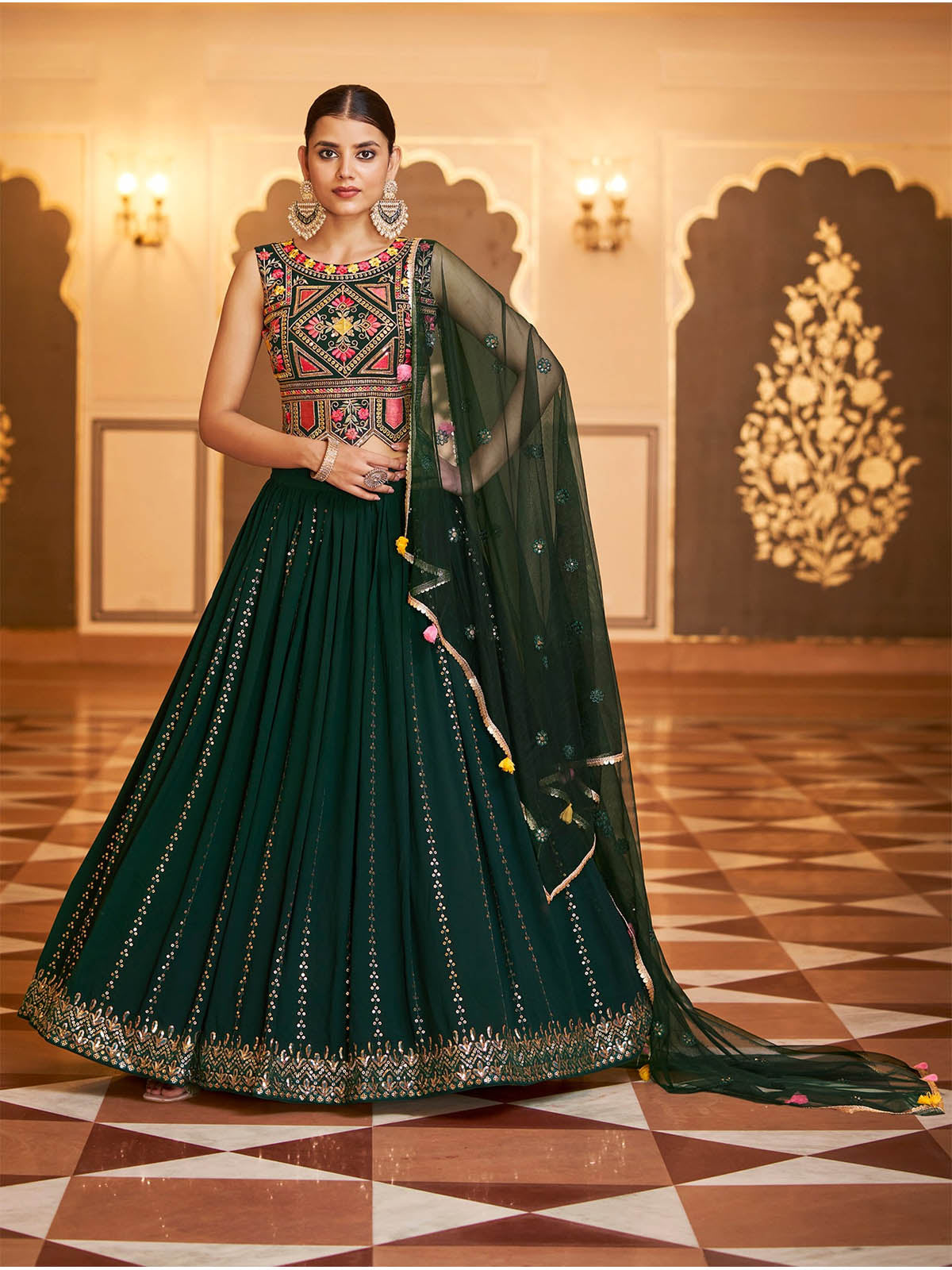 Odette Women Gorgeous Dark Green Semi Stitched Lehenga With  Unstitched Blouse