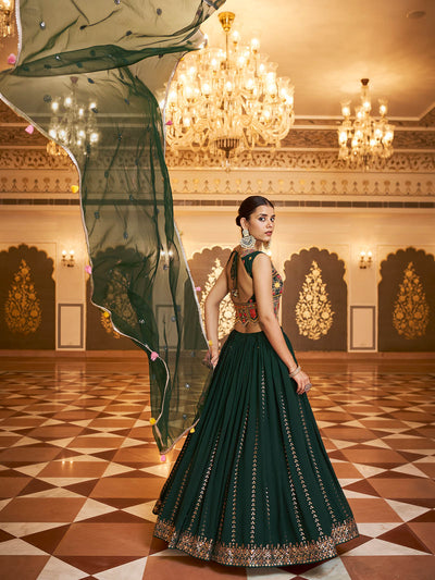 Odette Women Gorgeous Dark Green Semi Stitched Lehenga With  Unstitched Blouse
