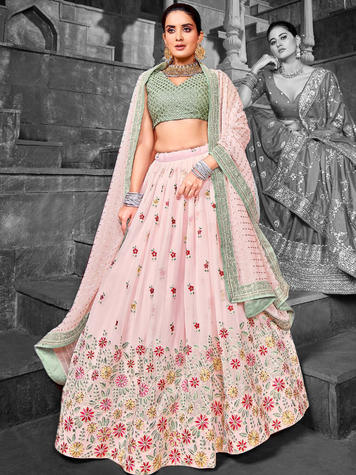 Designer Light Pink Georgette Semi Stitched Lehenga With  Unstitched Blouse