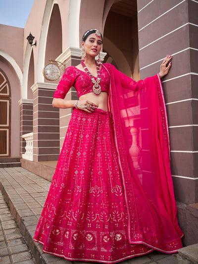 Pink Designer Embroidered Semi Stitched Lehenga With  Unstitched Blouse