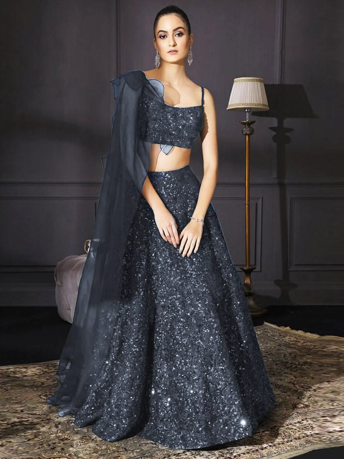 Buy Charcoal Grey Mirror Seam Lehenga With Mirror Blouse by Designer Vvani  by Vani Vats Online at Ogaan.com