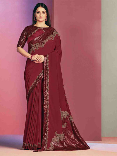 Odette Women Maroon Satin Silk Sequins Embroidered Saree With Unstitched Blouse Piece